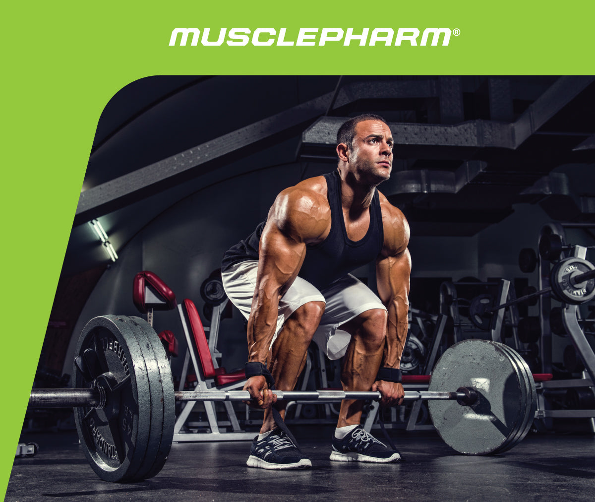 MusclePharm Weekly Workout 07 graphic showing a muscular male athlete preparing to lift a heavy barbell in a gym.