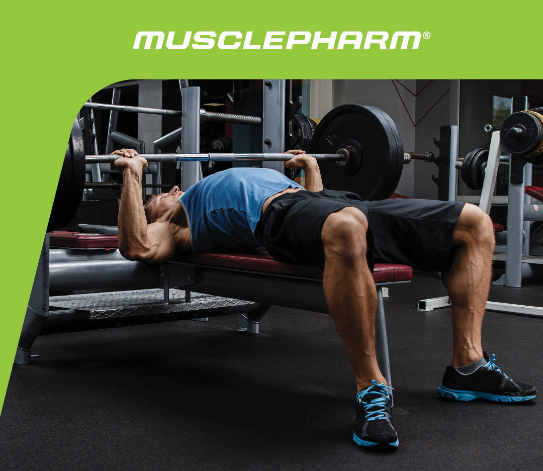 MusclePharm Weekly Workout 03 graphic featuring a man performing a barbell bench press inside a gym.