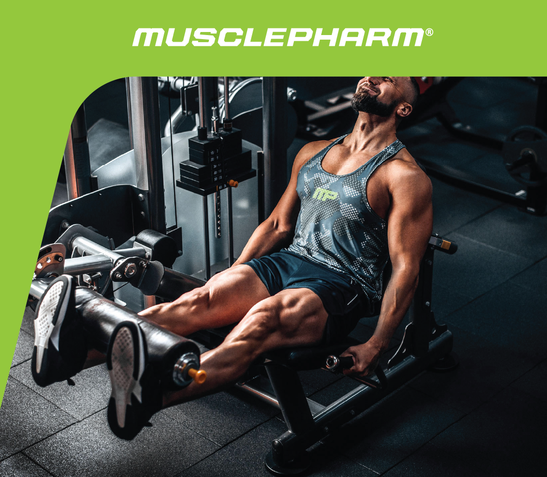 MusclePharm Weekly Workout 05 graphic featuring a male athlete performing seated leg curls on a machine in a gym.