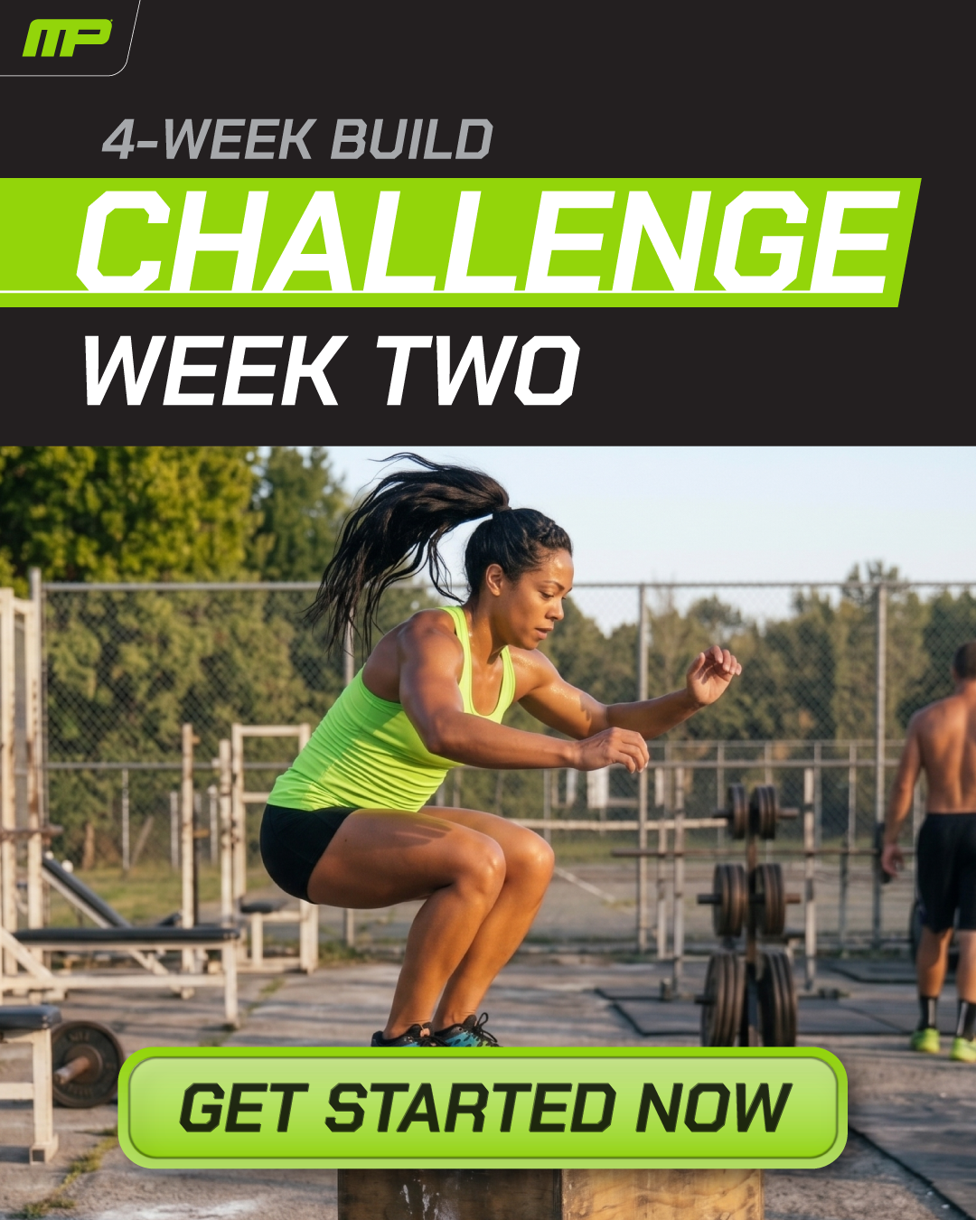 Woman doing a box jump outdoors for MusclePharm 4-Week Build Challenge Week Two.