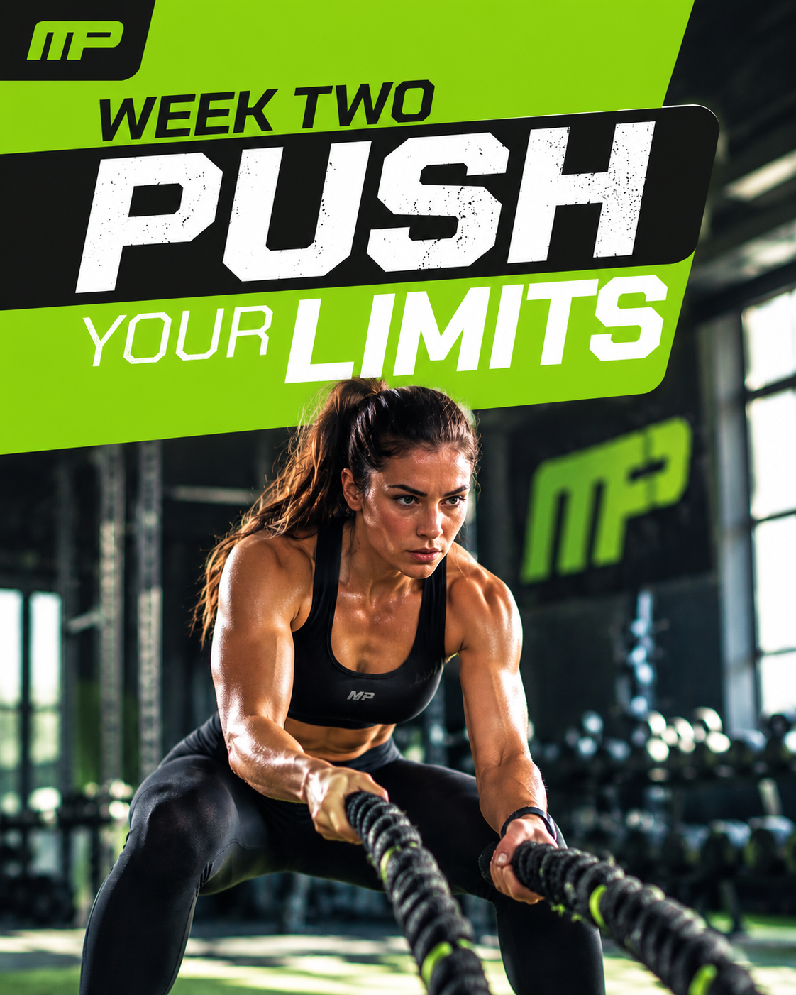 Fit women doing battle ropes with the text week two push your limits