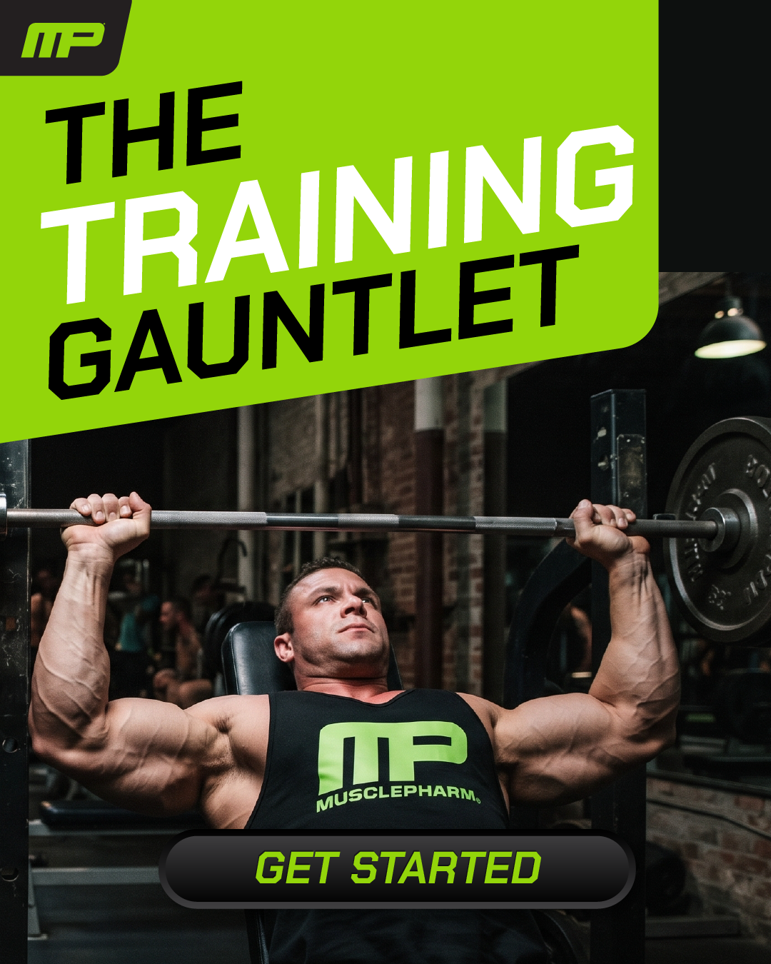 Fix man doing bench press with text: The Training Gauntlet