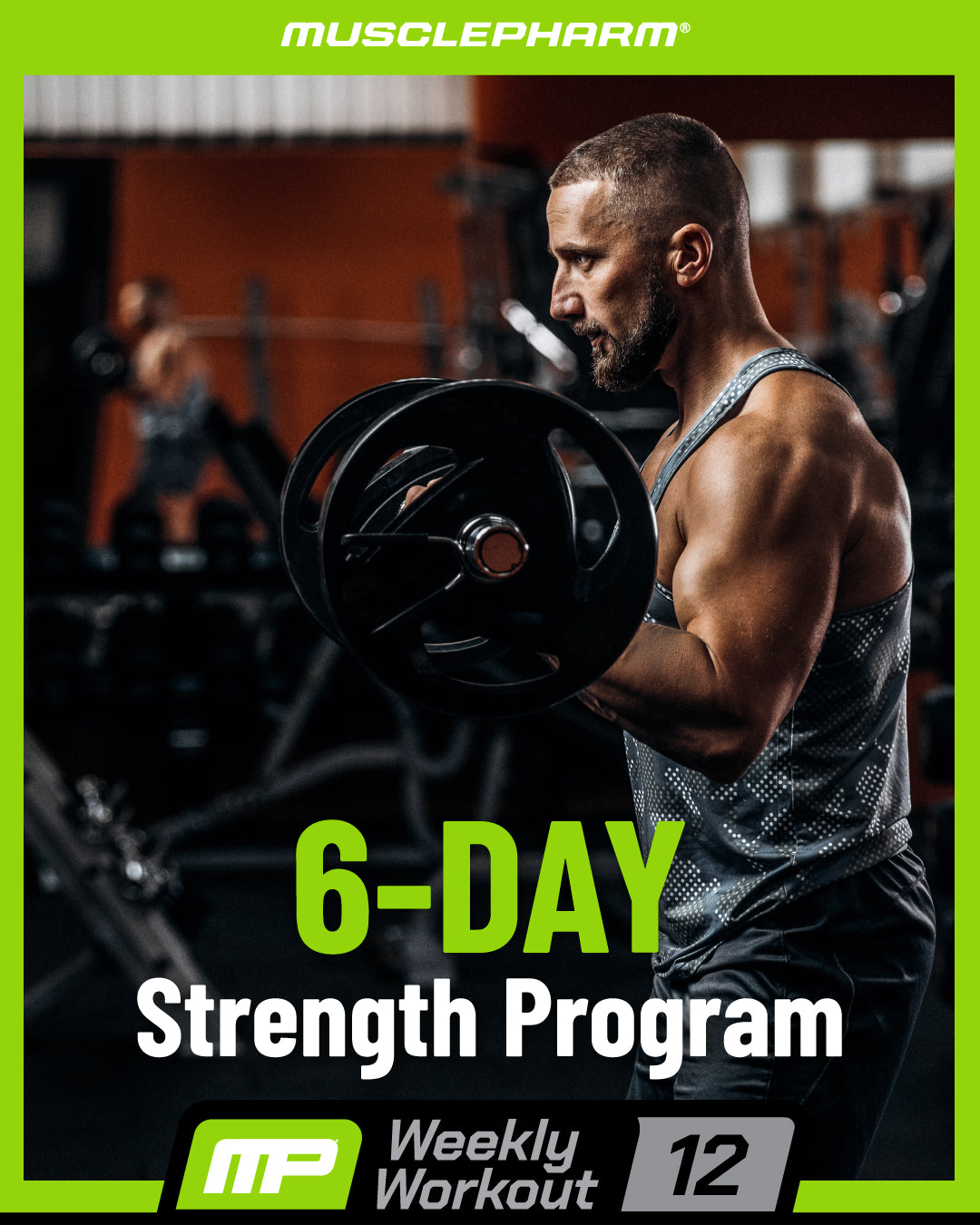 MusclePharm Weekly Workout 12 graphic titled '6-DAY Strength Program' featuring a man doing barbell curls in a gym.