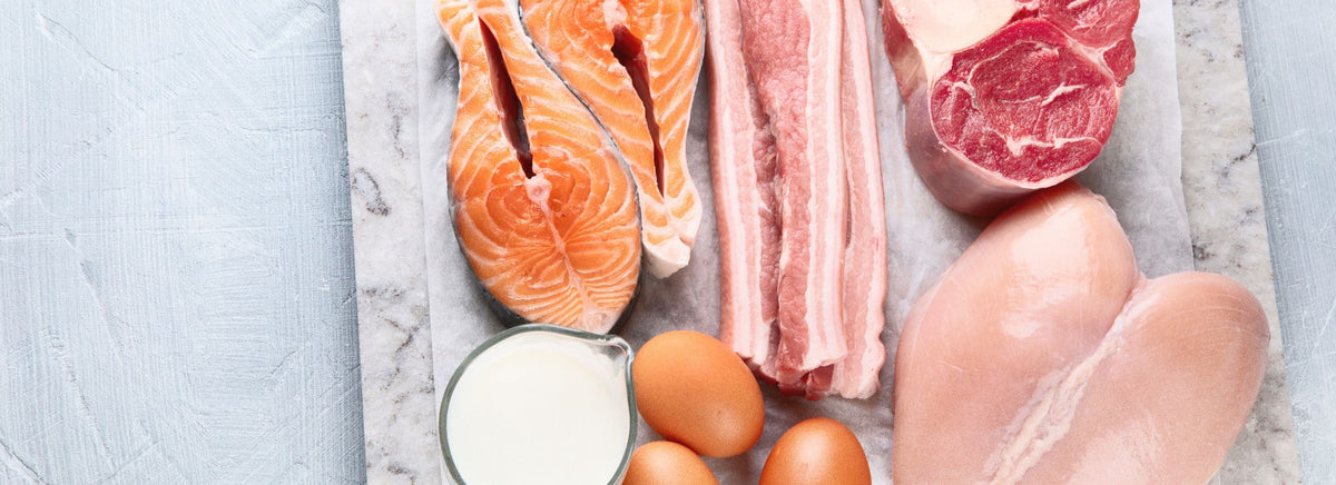 Flat lay selection of raw protein sources including salmon fillet, chicken breast, red meat, bacon, eggs, and milk.