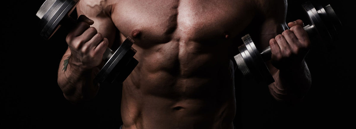Muscular man holding dumbbells close to his chest in a gym.