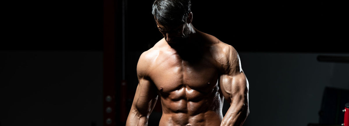 Muscular shirtless man posing in a gym, showing defined abs and chest.