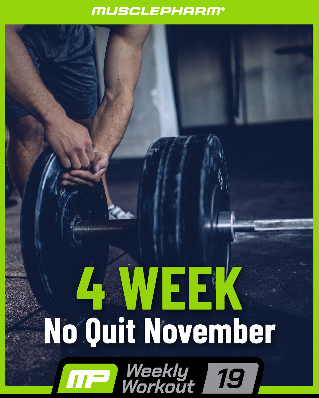 MusclePharm graphic showing barbell workout with text "4 Week No Quit November" and 'Weekly Workout 19'.