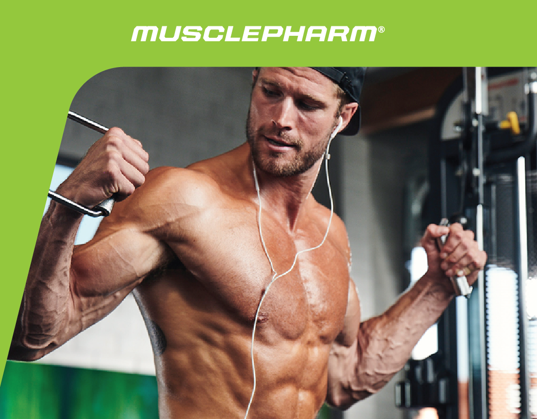 MusclePharm Weekly Workout 02 graphic featuring a shirtless muscular male athlete wearing wired earphones.