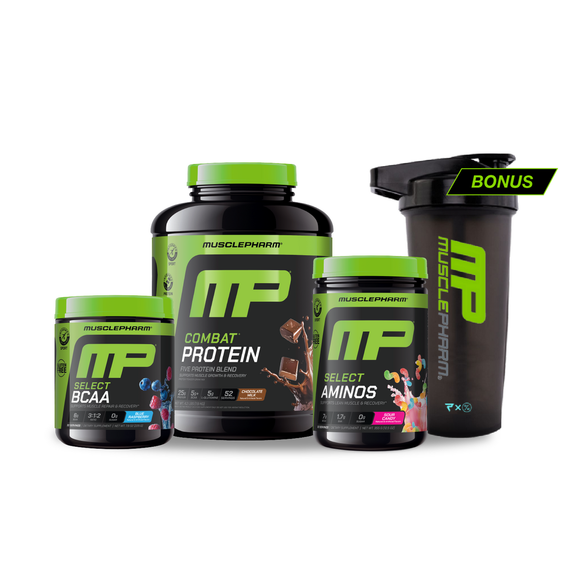 Collection of MusclePharm supplement containers on a white background