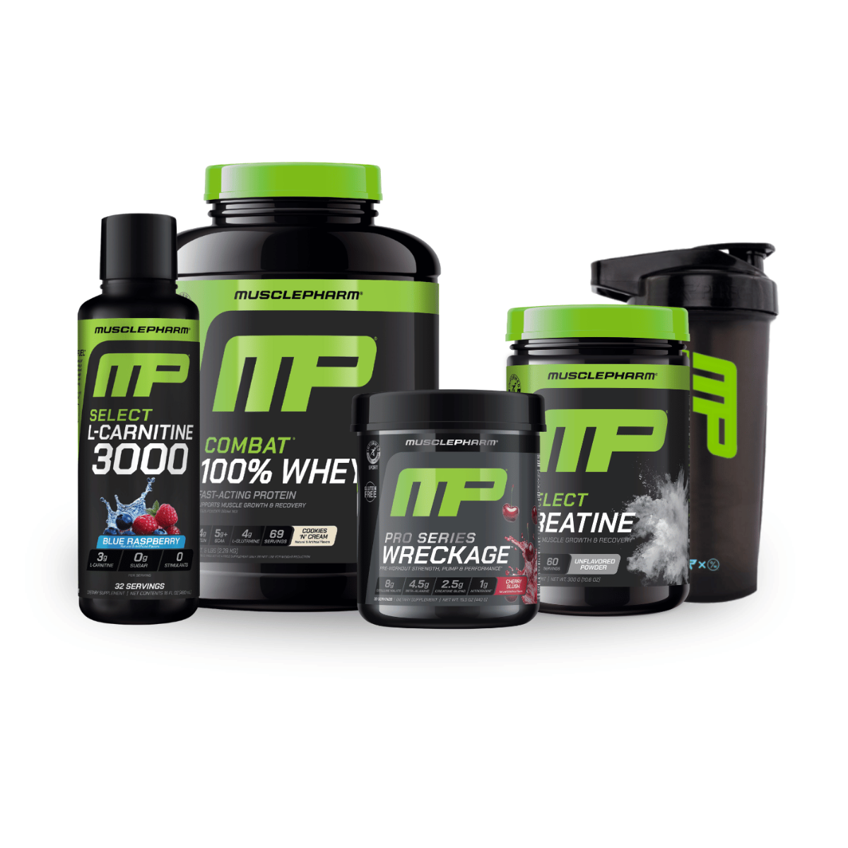 Super spring stack featuring combat 100% whey, Select L-carnitine, Pro series wreckage, Select Creatine, and MusclePharm shaker bottle
